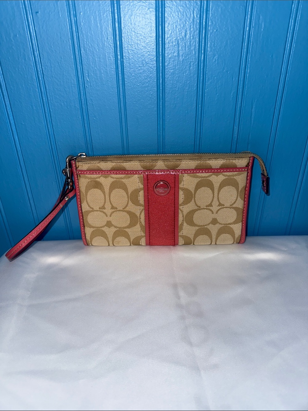 Coach Beige and Pink Signature Canvas Wristlet